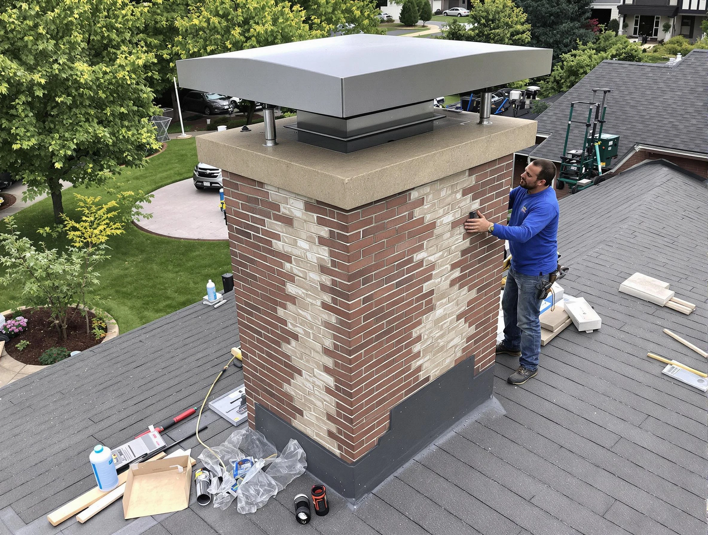 Manalapan Chimney Sweep team working on a custom chimney remodel in Manalapan, NJ